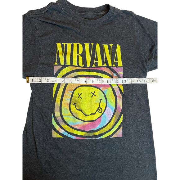 Nirvana Band Gray T-Shirt Size Small Smiley Face Logo Psychedelic Tie-Dye Swirl - Picture 8 of 9